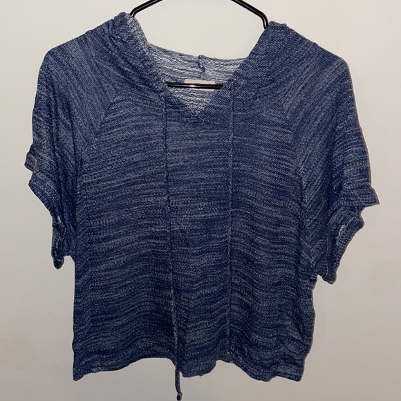 🌹NavyShort-Sleeve/Hooded W/Drawstrings CropTop! - Picture 1 of 8